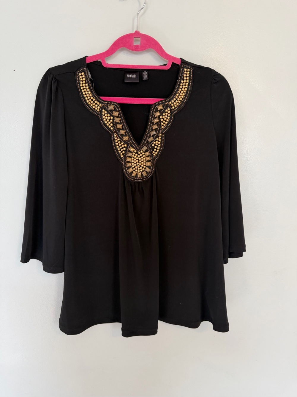 NWT Rafaella Black Gold Beaded Tunic Top SP Whimsigoth Boho Bell Sleeve